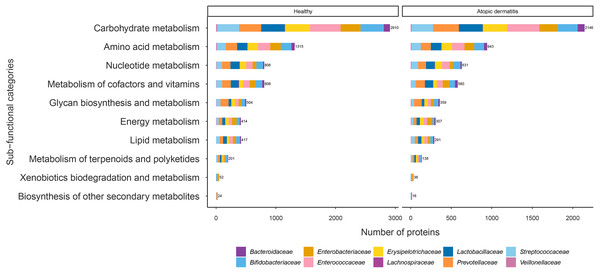Comparison of the numbers of functionally assigned proteins between the healthy and atopic dermatitis groups across different metabolic functional categories based on the KEGG database.