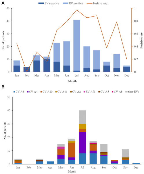 The monthly detection rate of enterovirus (EV) in herpangina children in Tongzhou.