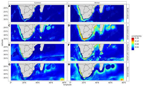 Uncertainty maps measuring algorithm agreement in predictions and depicting regions of varying agreement in the seven different algorithms for Bryde’s whale, humpback whale, southern right whale and sperm whale in both seasons.
