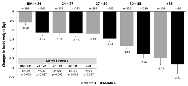 Changes in body weight at 3 and 6 months by baseline BMI.
