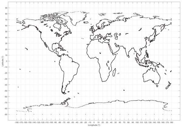 World map displaying the range for longitude (λ) and latitude (φ) coordinates in degrees.