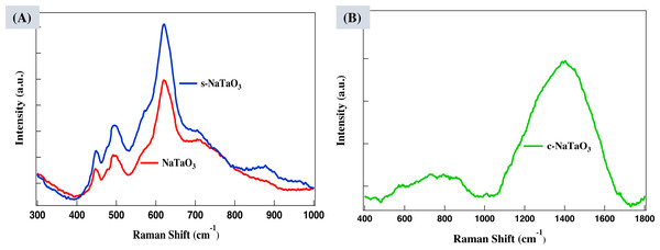 Raman spectra of (A) NaTaO3 and s- NaTaO3 and (B) c- NaTaO3 samples.