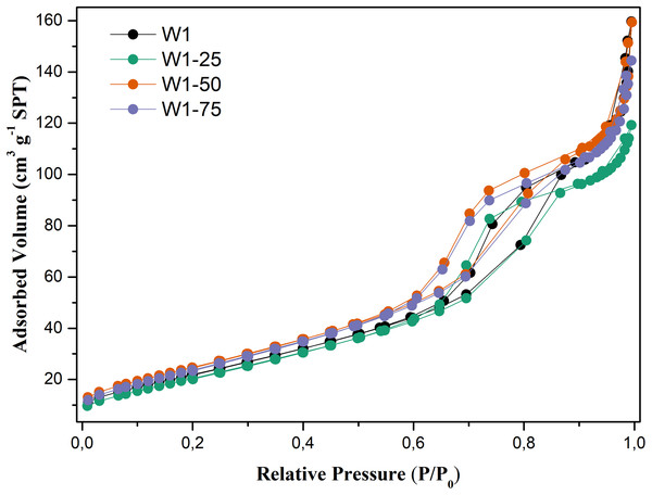N2 adsorption–desorption isotherms obtained for the studied photocatalysts.