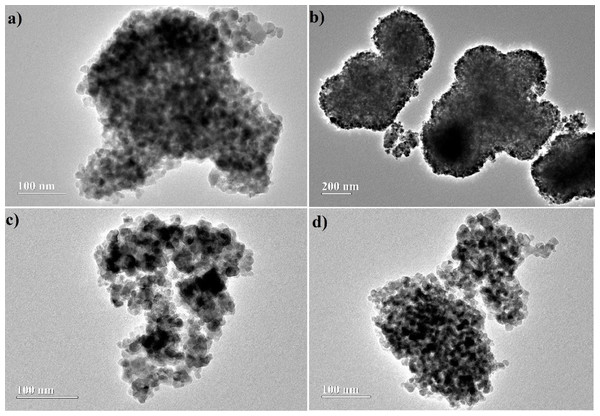 Images obtained by TEM for synthesized oxides (A) W1, (B) W1-25, (C) W1-50, (D) W1-75.