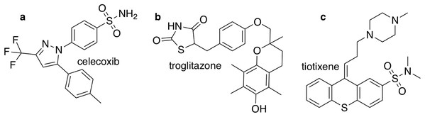 The three target molecules for rediscovery: (A) celecoxib, (B) troglitazone, and (C) tiotixene.
