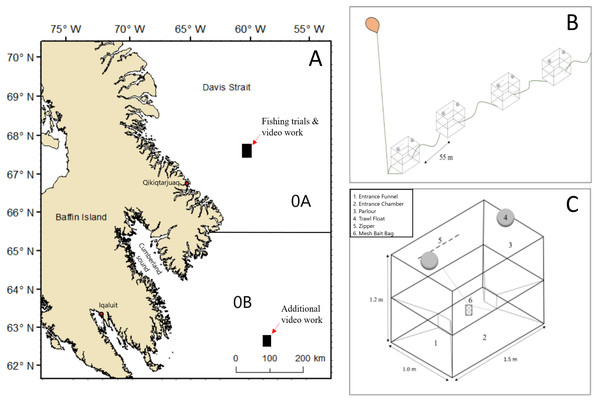 Map showing areas in NAFO Division 0A and 0B where fishing trials and video collection occurred and schematic sketches of the experimental set up of baited pots.