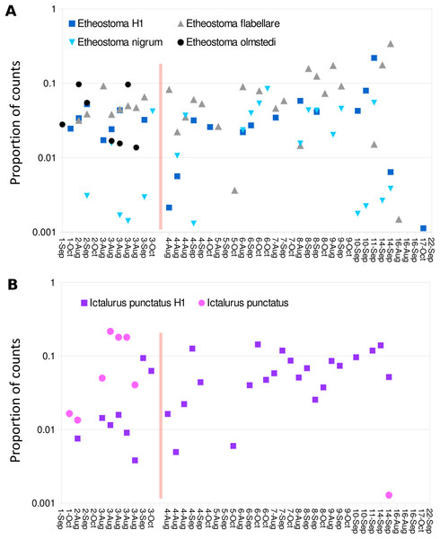 Haplotype distribution for two groups of taxa show shifts coincident with the Hogansburg Dam, NY, USA.