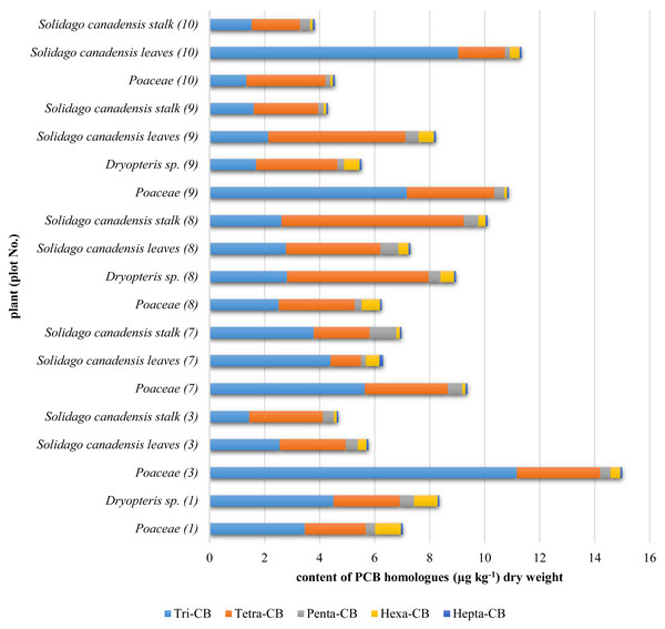 PCB homologues contents in plants.