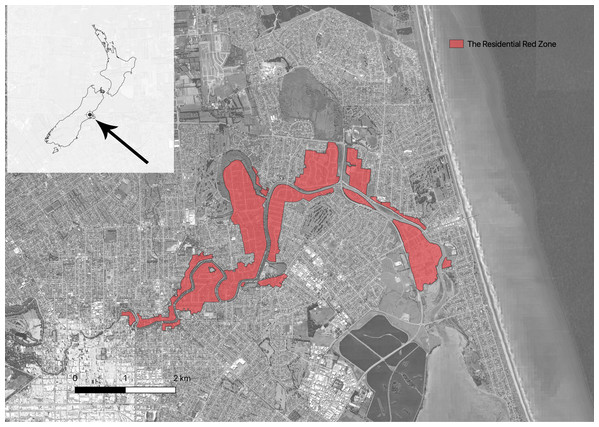 Map showing the location of Christchurch (left top) in New Zealand and the location of the Residential Red Zone in Christchurch.