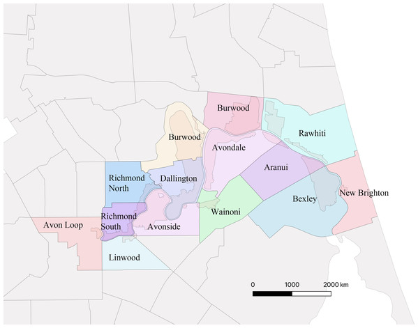 Map showing the 14 suburbs in Residential Red Zone area.