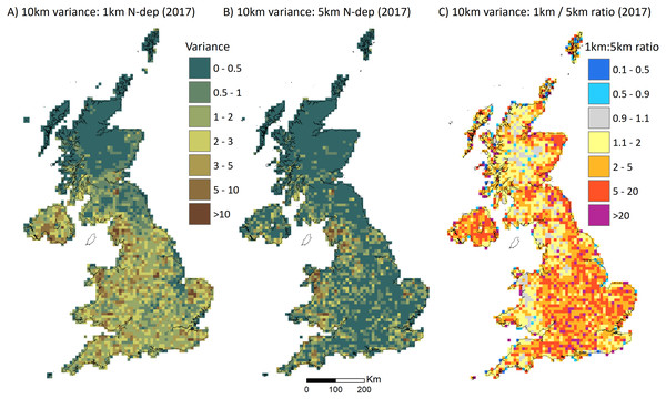Variation in modelled nitrogen deposition (N-dep) across Britain.