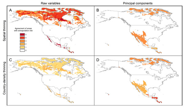 Agreement of areas with extrapolation risk for models of Vespa mandarinia in North America, separated by calibration schemes ((A) Raw variables and spatially thinned occurrences; (B) Principal components predictors and spatially thinned occurrences; (C) Raw variables and country-density thinned occurrences; (D) Principal components predictors and country-density thinned occurrences).