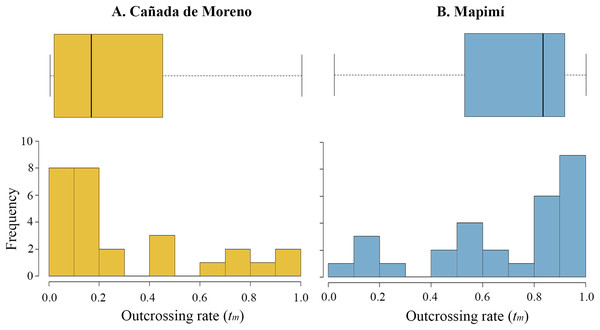 Histogram and boxplot graphs of outcrossing rate (t) for two populations of Datura inoxia in Mexico: (A) Cañada de Moreno and (B) Mapimí.