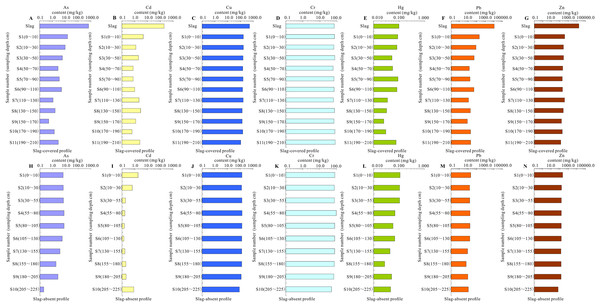 Potentially toxic metal(loid) distribution in both slag-covered and slag-absent weathering profile in the study area.