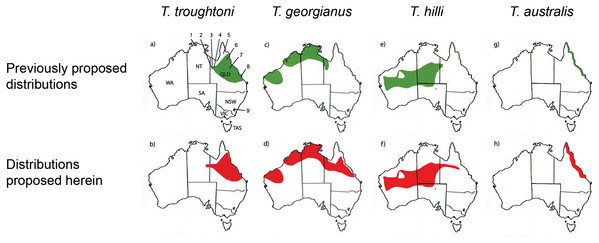 Distribution maps for Taphozous troughtoni, T. georgianus, T. hilli and T. australis.