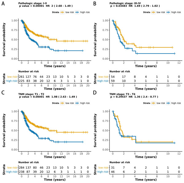 Kaplan-Meier survival analysis for all 599 patients with LUAD according to the MCB-29016-based classifier stratified by pathologic stage and tumor size.