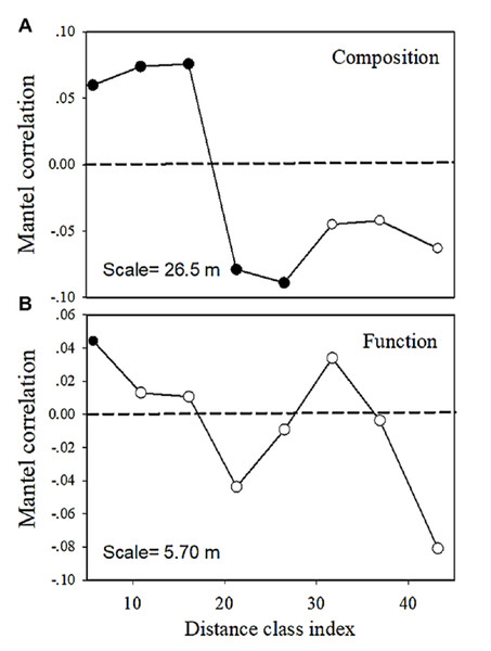 Multivariate Mantel correlograms showing the significance of spatial autocorrelation in (A) bacterial composition and (B) functions.