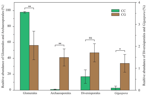 The relative abundance of main AMF orders and genera in different habitats.