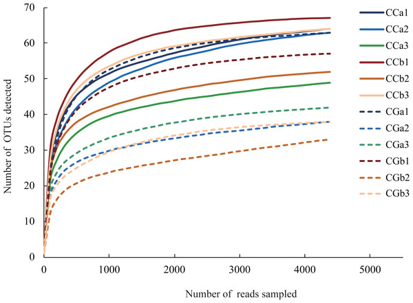 The rarefaction curve of OTUs.