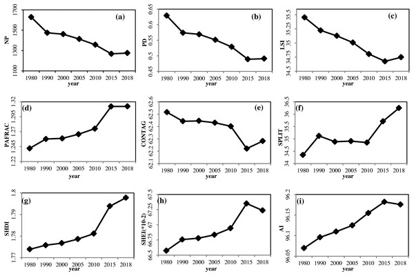 Landscape indices in Yunnan from 1980 to 2018.