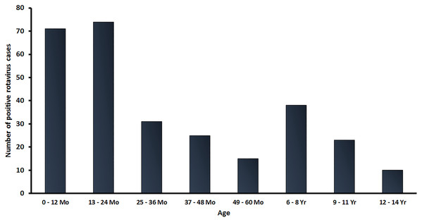 Age distribution of RVA infection among children in Thailand from January 2016 to December 2019. Bar graphs denote the total number of RV-positive samples.