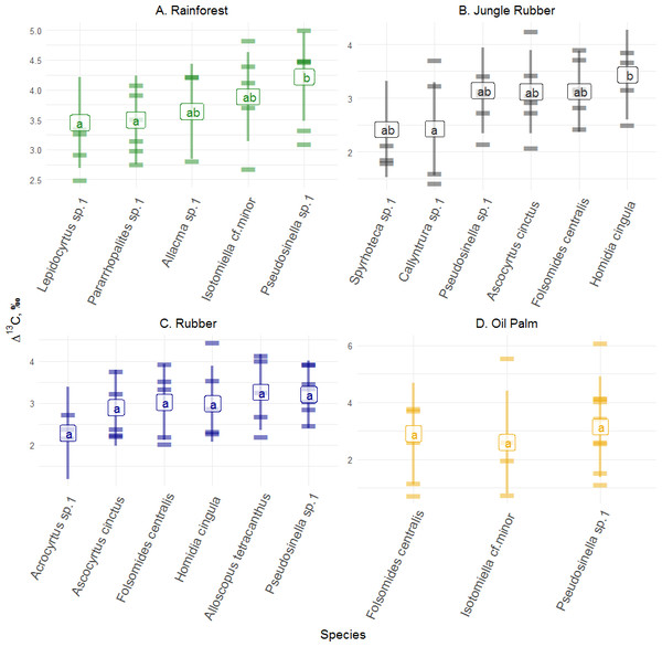 Differences of Δ13C values of Collembola species in different land-use systems (rainforest, jungle rubber, rubber and oil palm plantations).