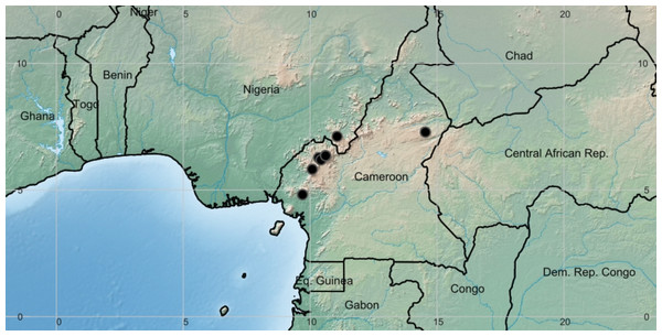 Deinbollia onanae. Global distribution map.