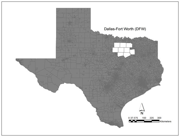 Dallas—Fort Worth study area and ozone non-attainment region (U.S. Environmental Protection Agency (EPA), 2018).