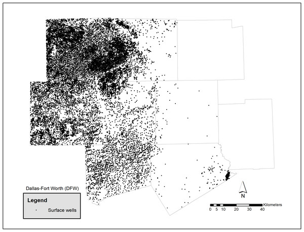 Oil and gas surface wells by county in DFW (RCT, 2021).