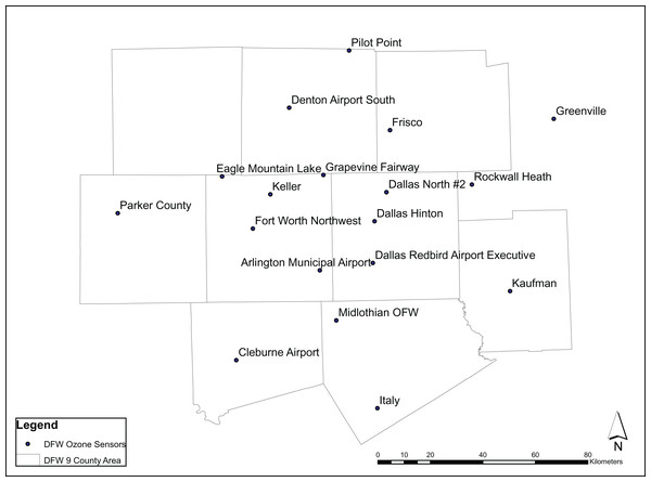 Air pollution sensor locations throughout DFW (Texas Center for Environmental Quality (TCEQ), 2020).