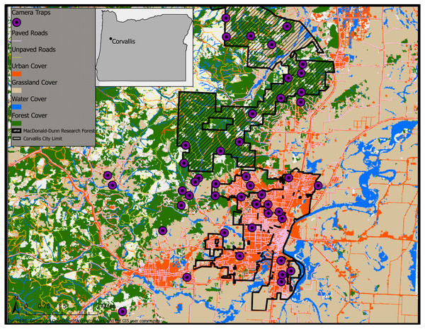 Land cover classifications (NLCD 2011) and camera trap survey locations in Corvallis, Benton County, Oregon, USA, April 2018–February 2019.