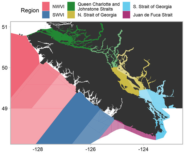 Southern British Columbia catch regions and Pacific fishery management areas (PFMAs).