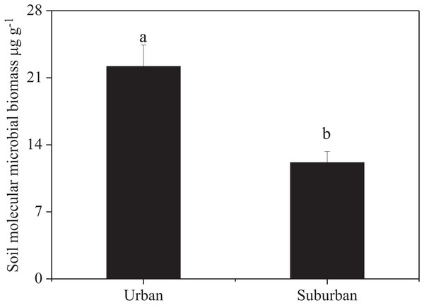 Soil molecular microbial biomass in urban and suburban park soils.