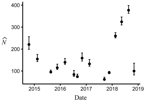 Abundance of Barton Springs salamanders at the surface of Eliza Spring from October, 2014 through November, 2018.