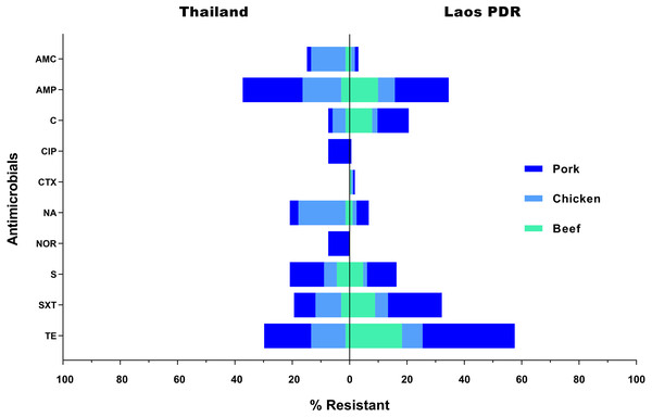 Rate of resistance (%) to selected antimicrobials in Salmonella isolated from various meat products in the Thai-Lao border area.