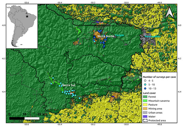 Location of the study region (upper left corner) and a detail of the study area showing the spatial distribution of the caves included in our analyses (N = 95), colored by the number of surveys performed in each.