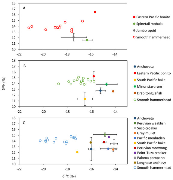 Mean and standard deviation of the δ13C and δ15N of sympatric species and scatterplot of the liver tissue δ13C and δ15N of the smooth hammerhead Sphyrna zygaena from each nursery area.
