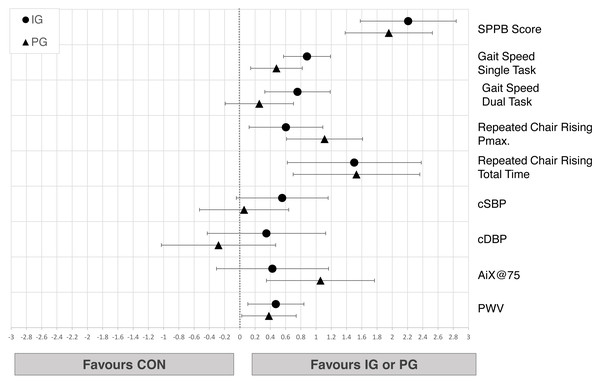 Effects of the intergenerational (IG) and peer groups (PG) on physical performance and cardiovascular health in seniors compared to control condition (CON), corrected for baseline values and age.