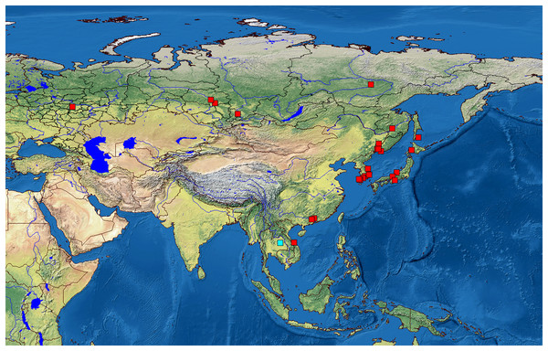 Distribution of studied populations of the Bosminopsis deitersi group belonging to two major phylogroups: B. zernowi (red rectangles) and Bosminopsis sp. (blue rectangle).