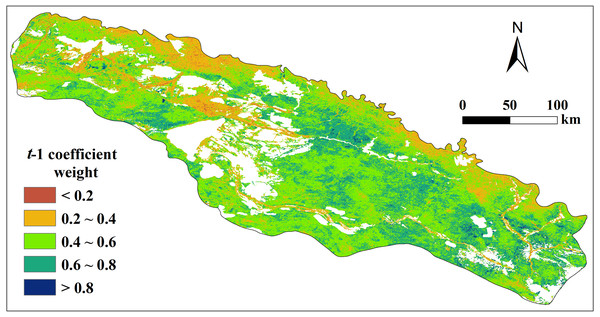 Spatial distribution of t-1 (AR1) coefficient weight (that is, coefficient α) from monthly multiple regression between vegetation cover (defined as NDVI), vegetation cover at t-1, and three climatic variables.