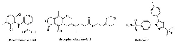 Structure of meclofenamic acid, mycophenolate mofetil and celecoxib.