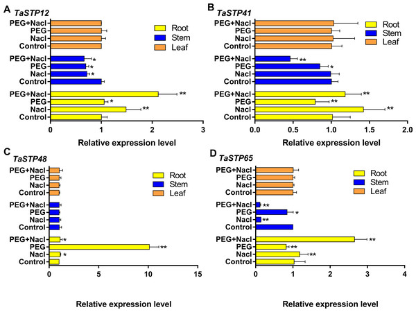 Comparison of the relative expression levels of four TaSTPs involved in different tissues on sixth day of the stress treatments.