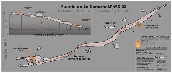 Map of Fuente de la Canaria Cave, La Palma Island.