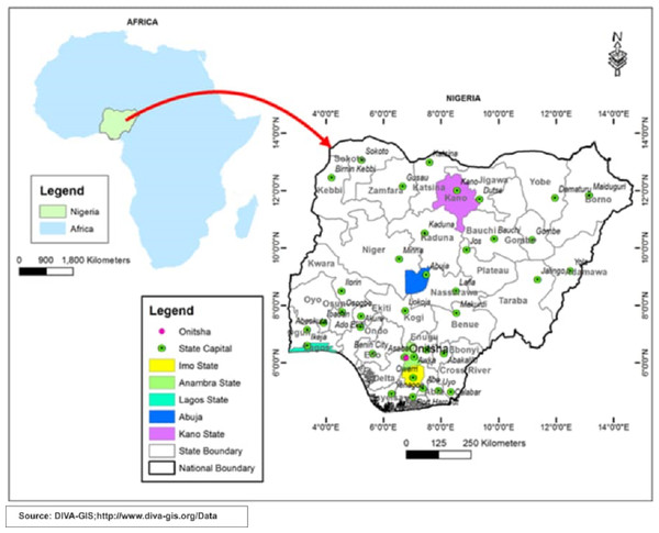 Map showing Nigeria and areas that have been included in this study.