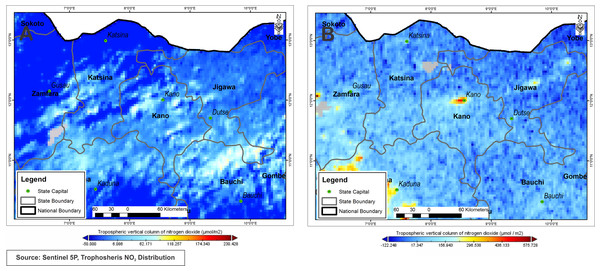 Nitrogen dioxide concentration levels over Kano during lockdown period April, 10–18, 2020 (A) and pre-lockdown period Dec., 10–14, 2019 (B).