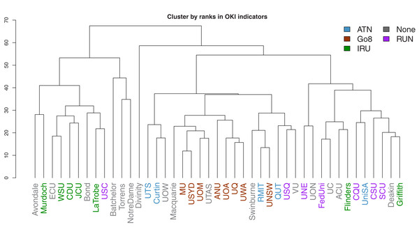 Dendrogram of hierarchical clustering of universities using ranks in OKI indicators, with universities coloured by university network.