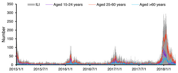 Time series of outpatient visits for influenza like illness (number of daily cases) at fever clinics in Peking University Third Hospital, Beijing during the study period.