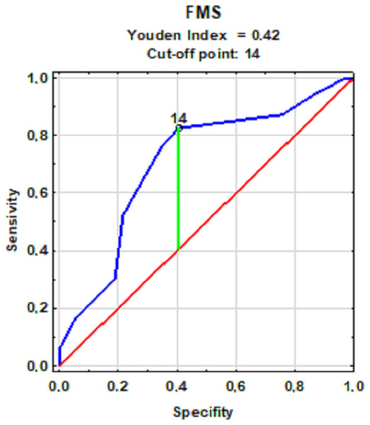 The cut-off point for groups with low and high-quality movement patterns with a frequency of injuries.