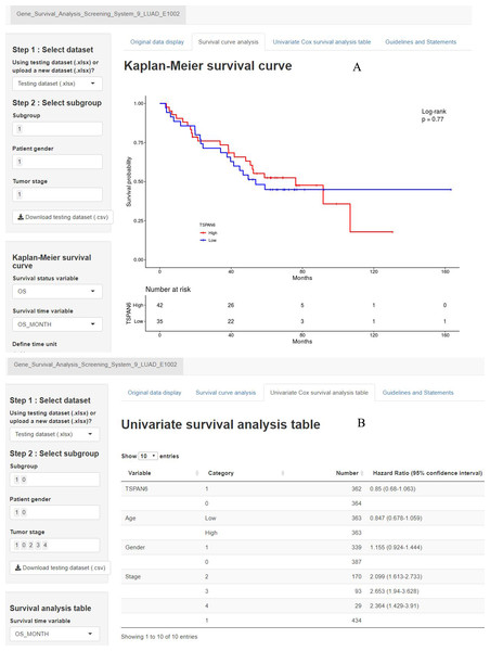 Home page of Gene Survival Analysis Screen System: (A) survival curve plot display page; (B) univariate analysis table display page.
