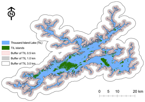Illustration of three mainland buffers with widths of 0.5, 1.0, and 3.0 km, used for the landscape pattern analysis.